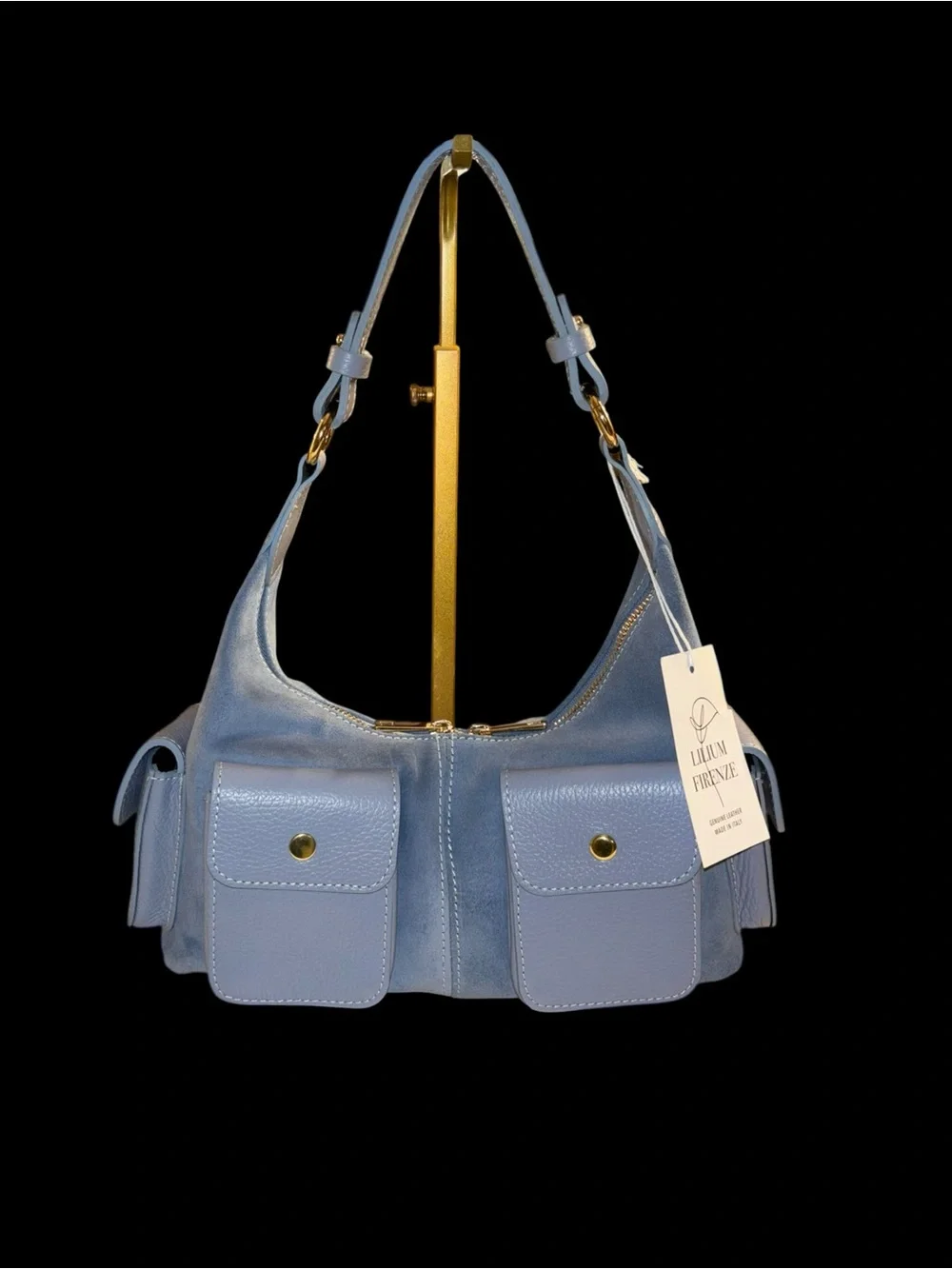 NWT Lilium Firenze Patty Suede Utility Shoulder Bag Crossbody Celeste Blue Italy